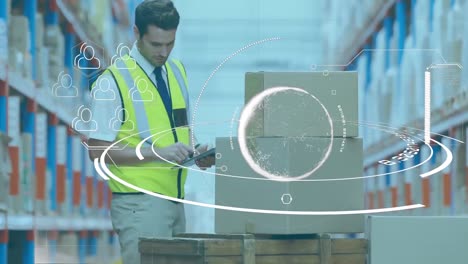 Animation-of-scope-scanning-and-globe-over-man-using-tablet-in-warehouse