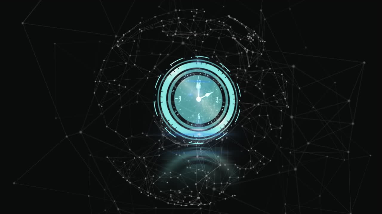 Animation of clock over networks of connections on dark background