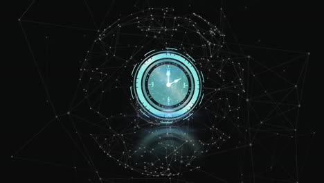 animación del reloj sobre redes de conexiones en fondo oscuro