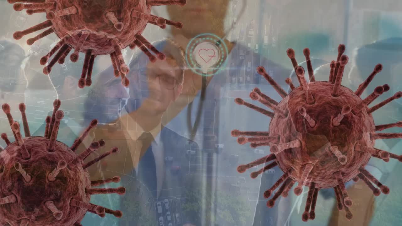 Animación de células de COVID-19 flotando sobre un médico caucásico con estetoscopio