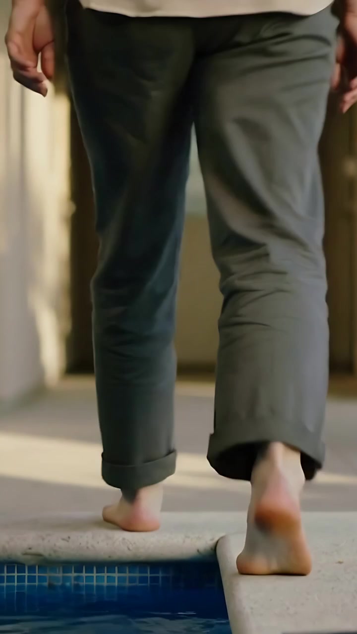 Vertical video: Dipping foot, woman walking along pool ledge in pants, book beside