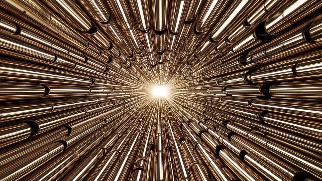 Dynamic sequence of metallic tubes converging toward a bright light source, illustrating depth and perspective in a visually captivating tunnel-like structure