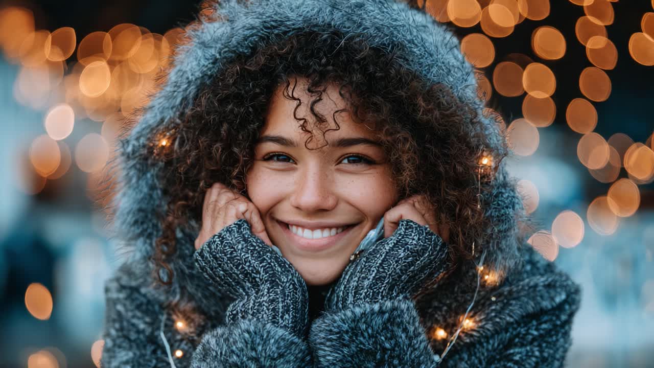 Joyful Smiles in a Cold Setting: A Happy Individual Embraces the Winter Atmosphere Surrounded by Warm Lights, Radiating Cheerfulness and Comfort