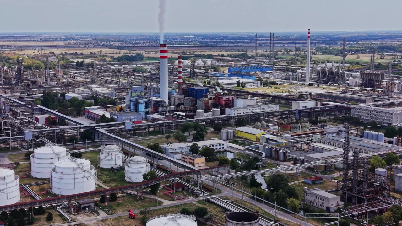 Gasoline production site with various industrial facilities and equipment
