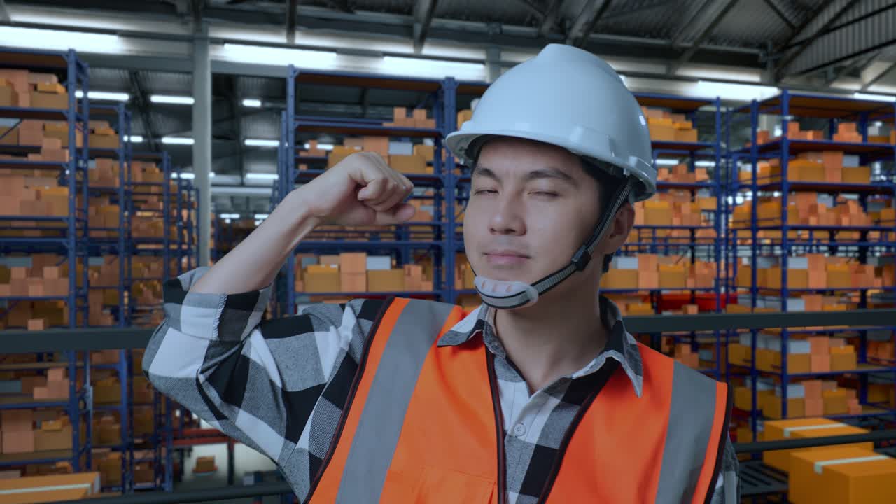 배달품으로 가득 찬 선반을 가진 창고에 서 있는 안전 헬을 입은 아시아 남성 엔지니어의 클로즈업.