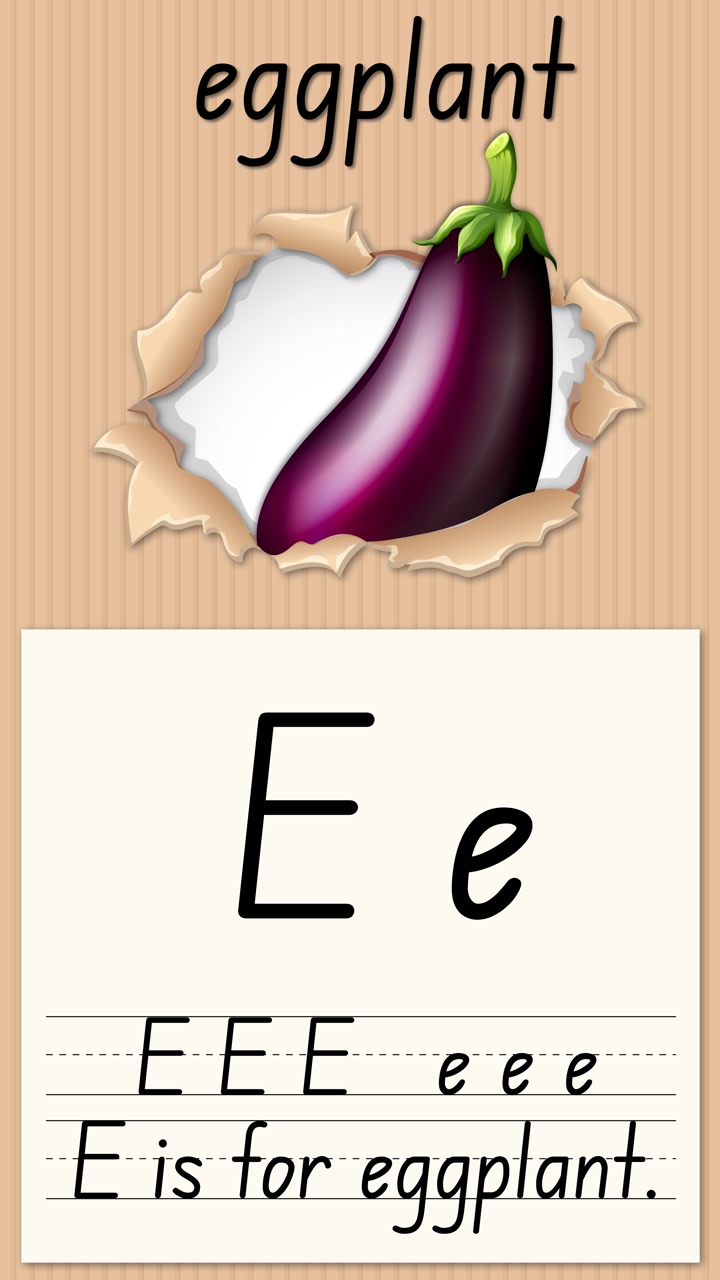 Video educativo animato che insegna la lettera E usando un'illustrazione di melanzana e righe per la pratica della scrittura a mano.