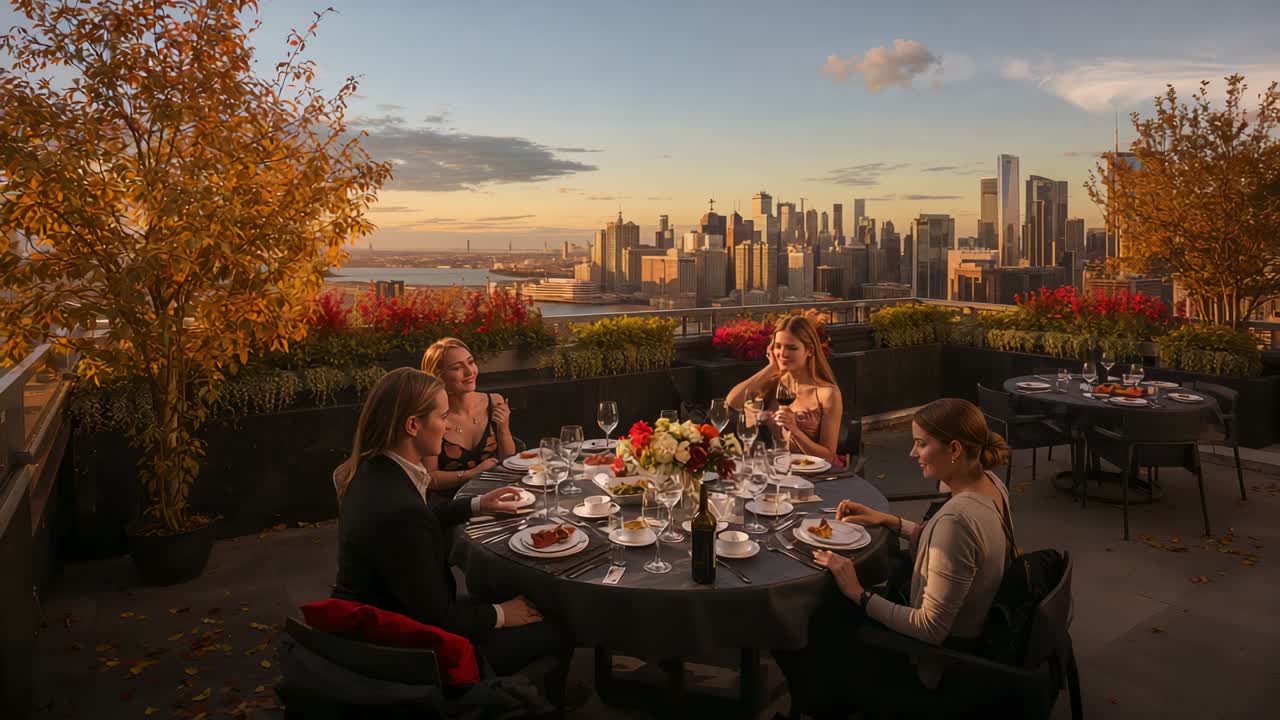 Talking woman in sleeveless dress starting story at rooftop terrace, group eating with wine glass