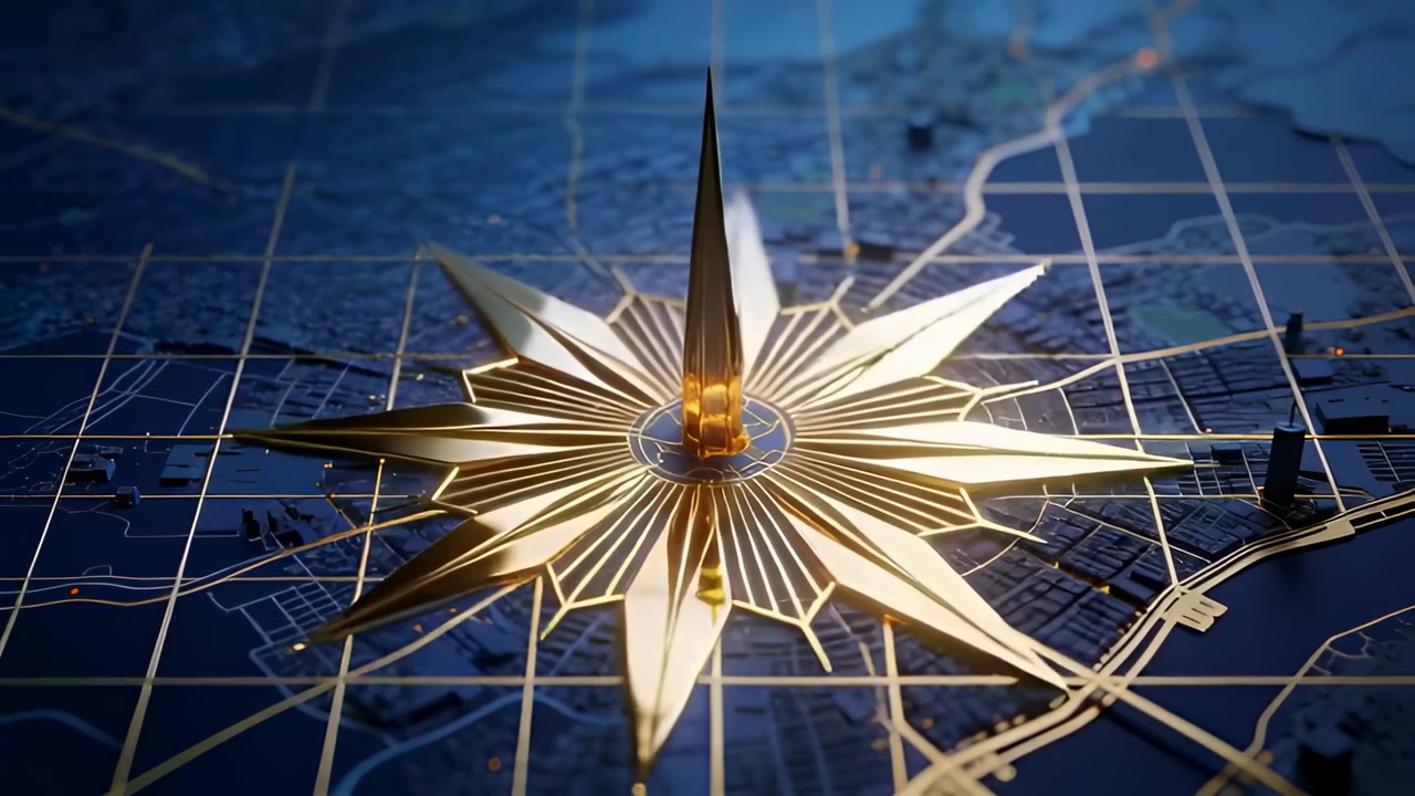 Starting gold compass rose rotating clockwise on dark-blue map, showcasing glowing grid with towers