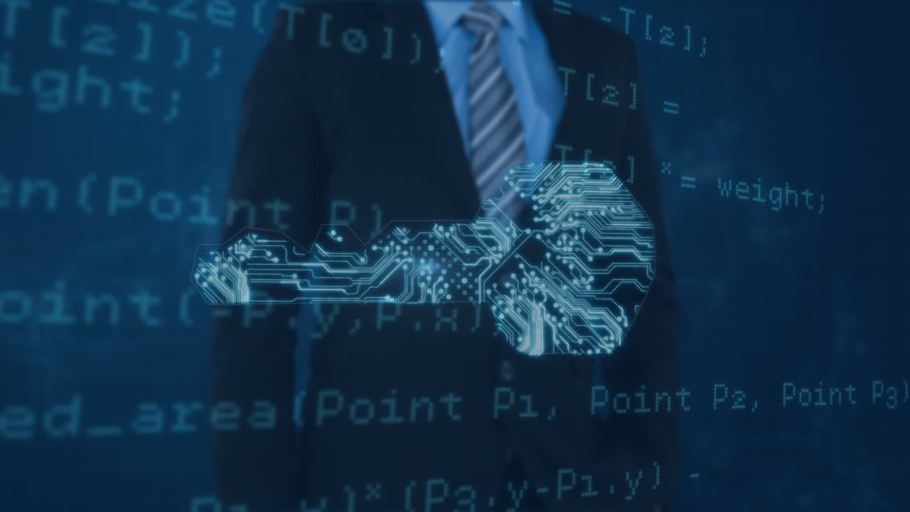 Animation of data processing over key and businessman
