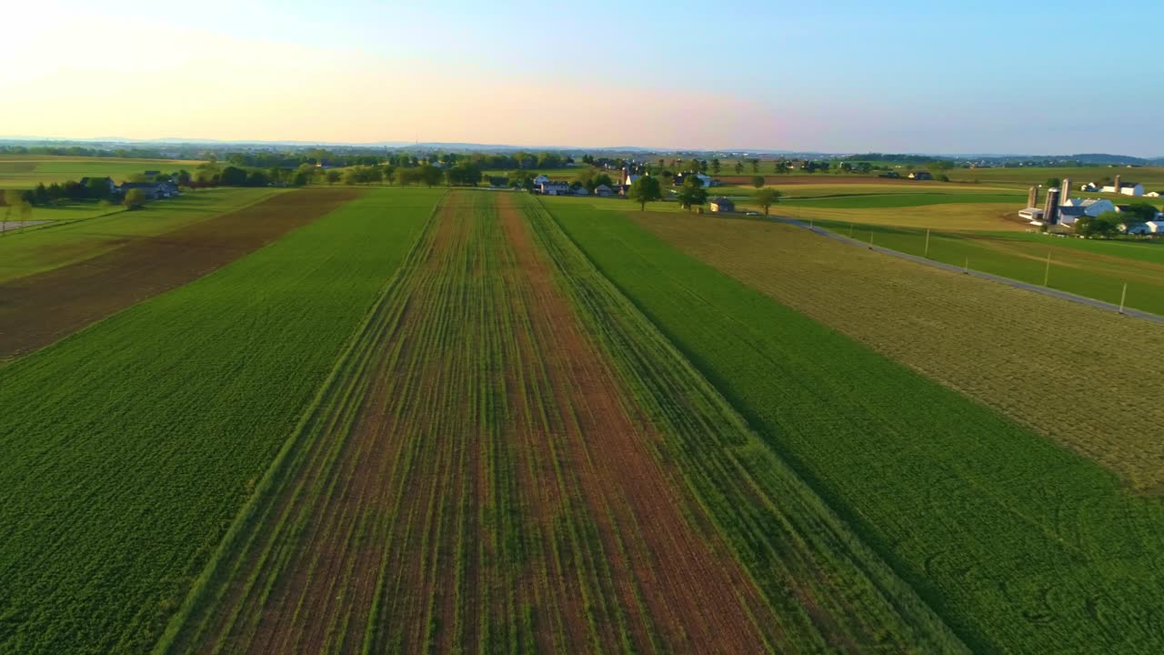 Aerial View of Amish Farmlands in Late Afternoon on a Beautiful Sunny Spring Day