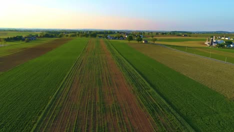 Aerial-View-of-Amish-Farmlands-in-Late-Afternoon-on-a-Beautiful-Sunny-Spring-Day