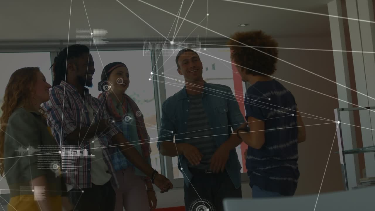 Animation of data and connections over happy diverse students clapping hands