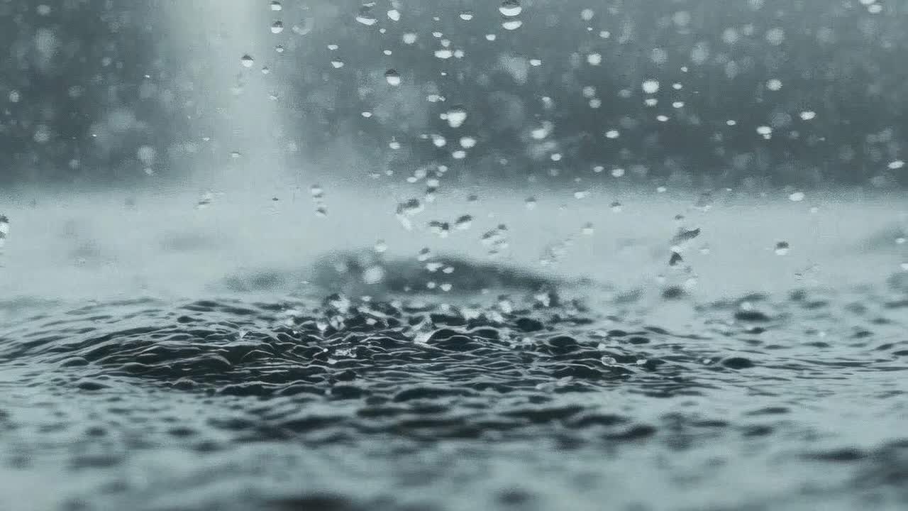 Close-up video of raindrops splashing on water, captured from a low angle, emphasizing texture