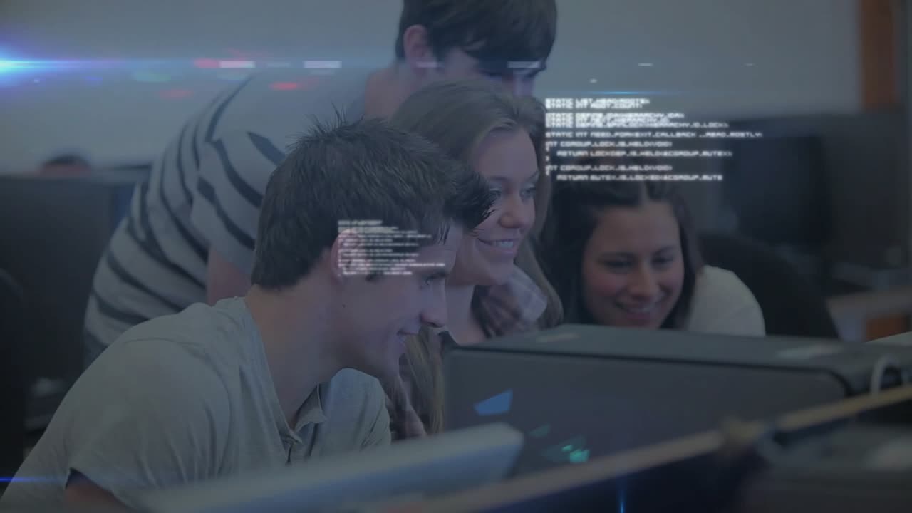 Four coworkers typing code on monitor starting floating overlay rising virtual globe for tech demo
