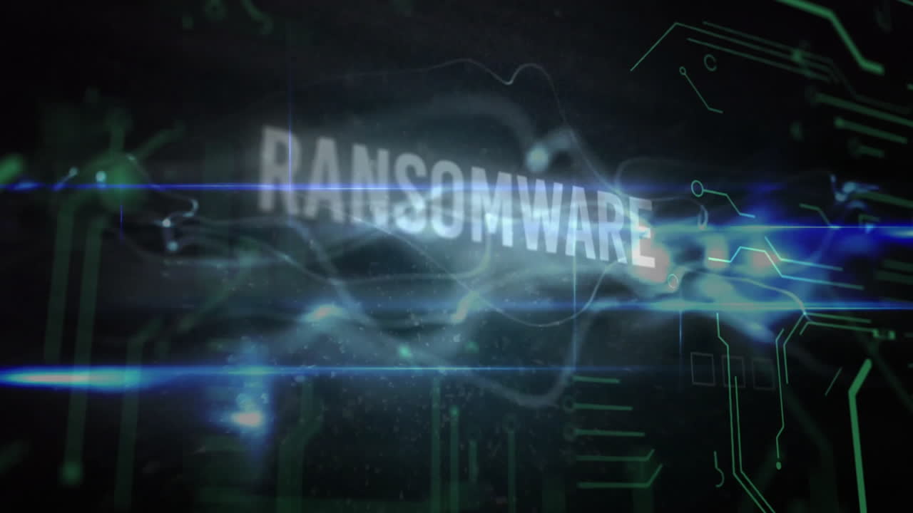 green RANSOMWARE text dancing over swirling blue smoke trails in 3D animated cyberspace render