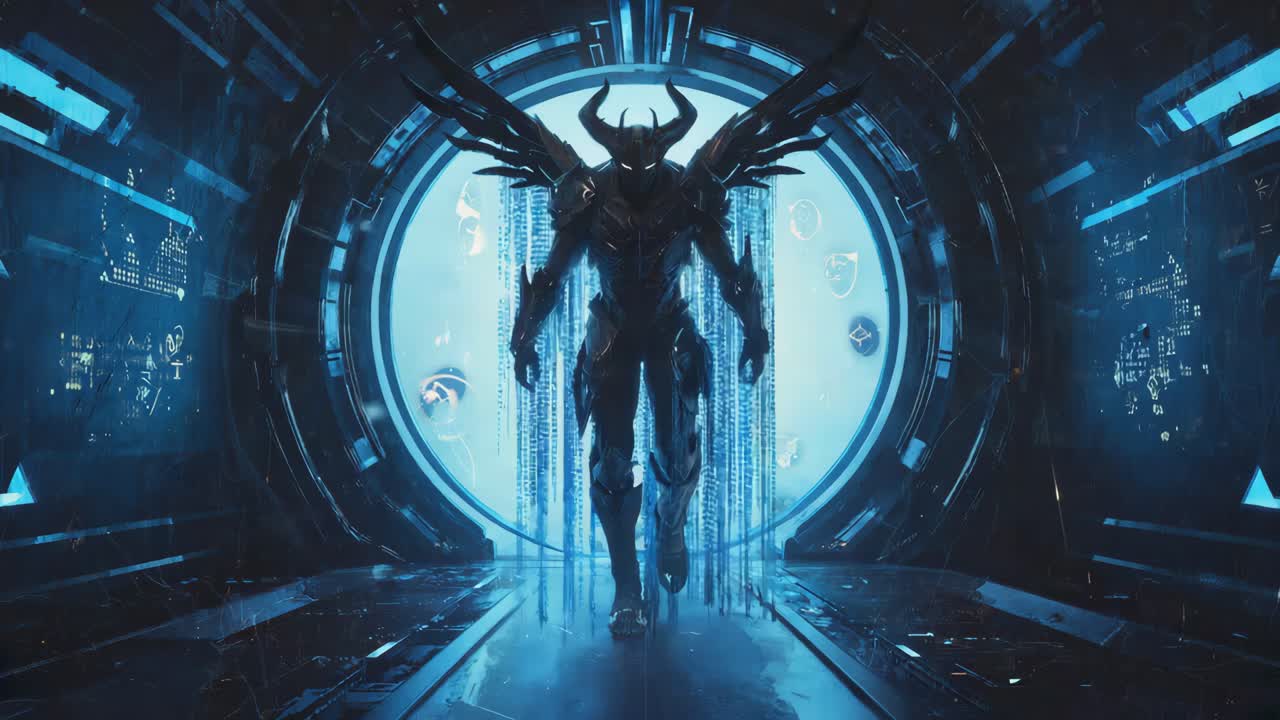 Angelo demone in silhouette in un portale sci-fi
