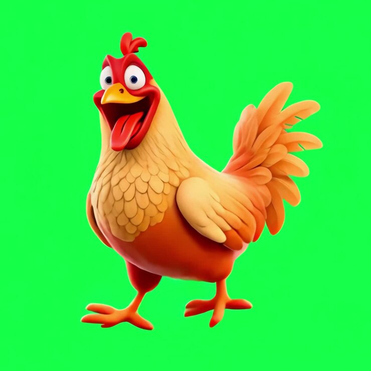 Vibrant animated chicken character animation, transparent 4K video, green screen
