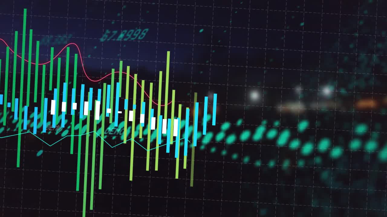 Animation of financial data processing over black background