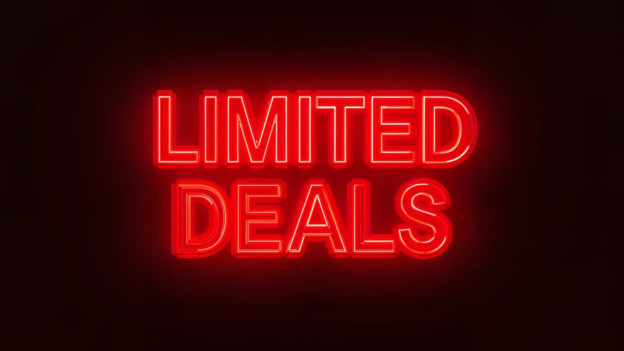 Pulsing red neon sign reading LIMITED DEALS on wall drawing shoppers, camera settling and centering