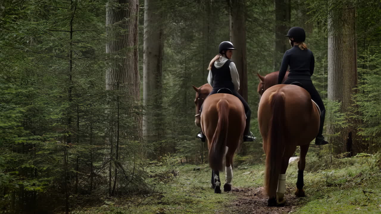 Two women horse riding through a peaceful forest path