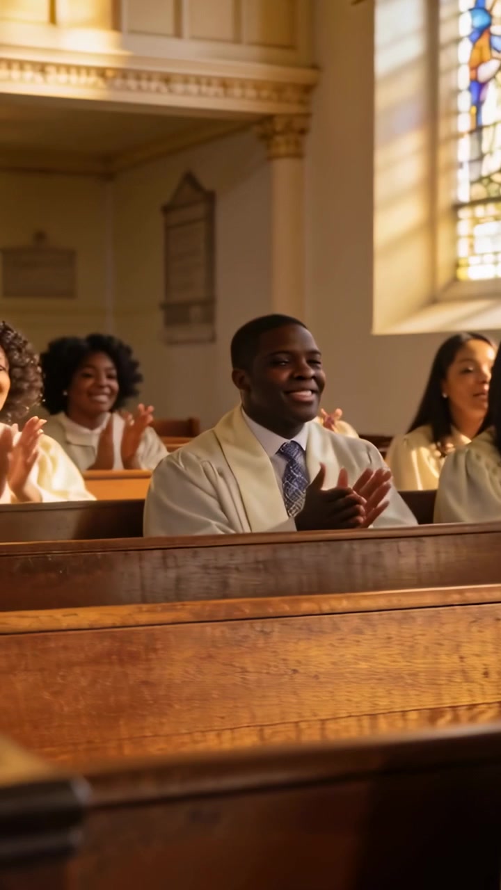 Vertical video: Hearing music cue, chorister raising hand and singing in church with robes and pews
