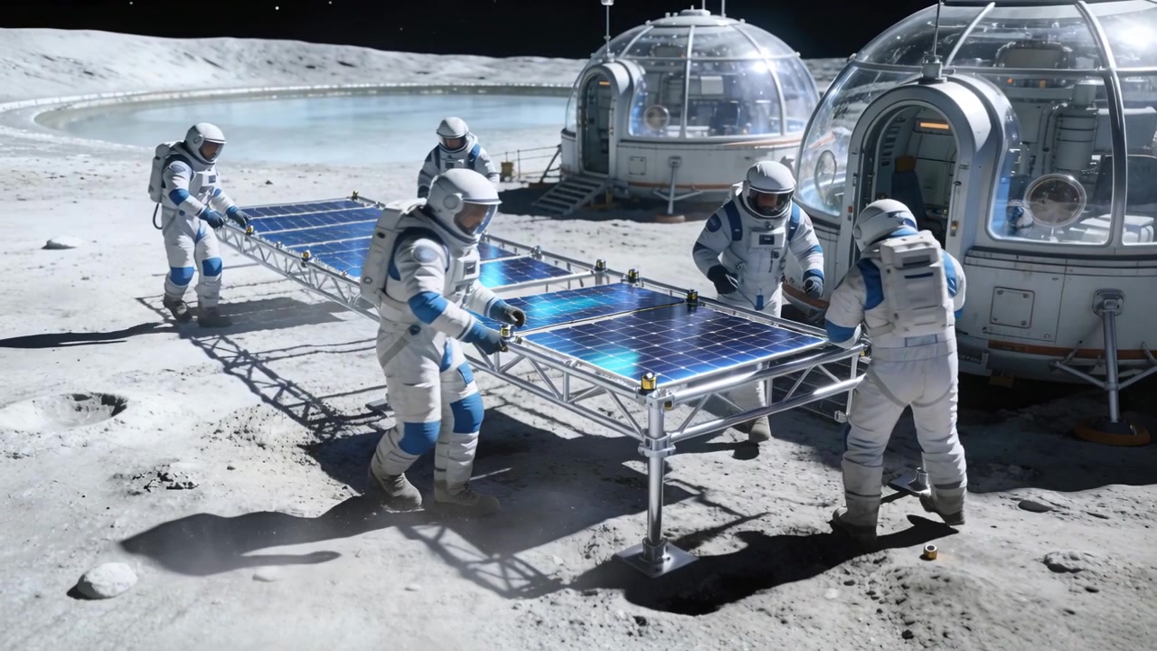 Ricevendo un ordine, un equipaggio in tuta spaziale sposta, allinea e fissa un pannello solare su una pianura lunare vicino a delle cupole.