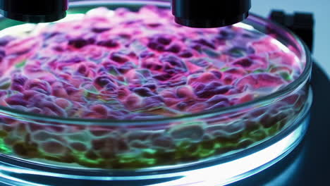vista microscópica de una muestra fluorescente en una placa de petri