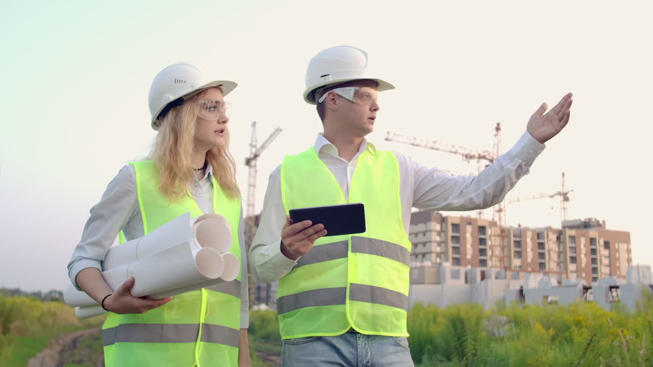 ingeniero adulto hombre y arquitecto mujer utiliza una tableta en funcionamiento. escribe un mensaje o revisa un dibujo. en el fondo está la construcción. vea el vecindario y los dibujos para la verificación de las obras de construcción completadas y planeadas. el trabajo de una grúa