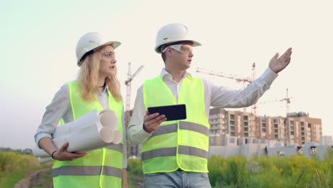 adult engineer man and architect woman uses a tablet in operation. writes a message or checks a drawing. against background is building. see neighborhood and drawings for verification of completed and planned construction works. the work of a crane