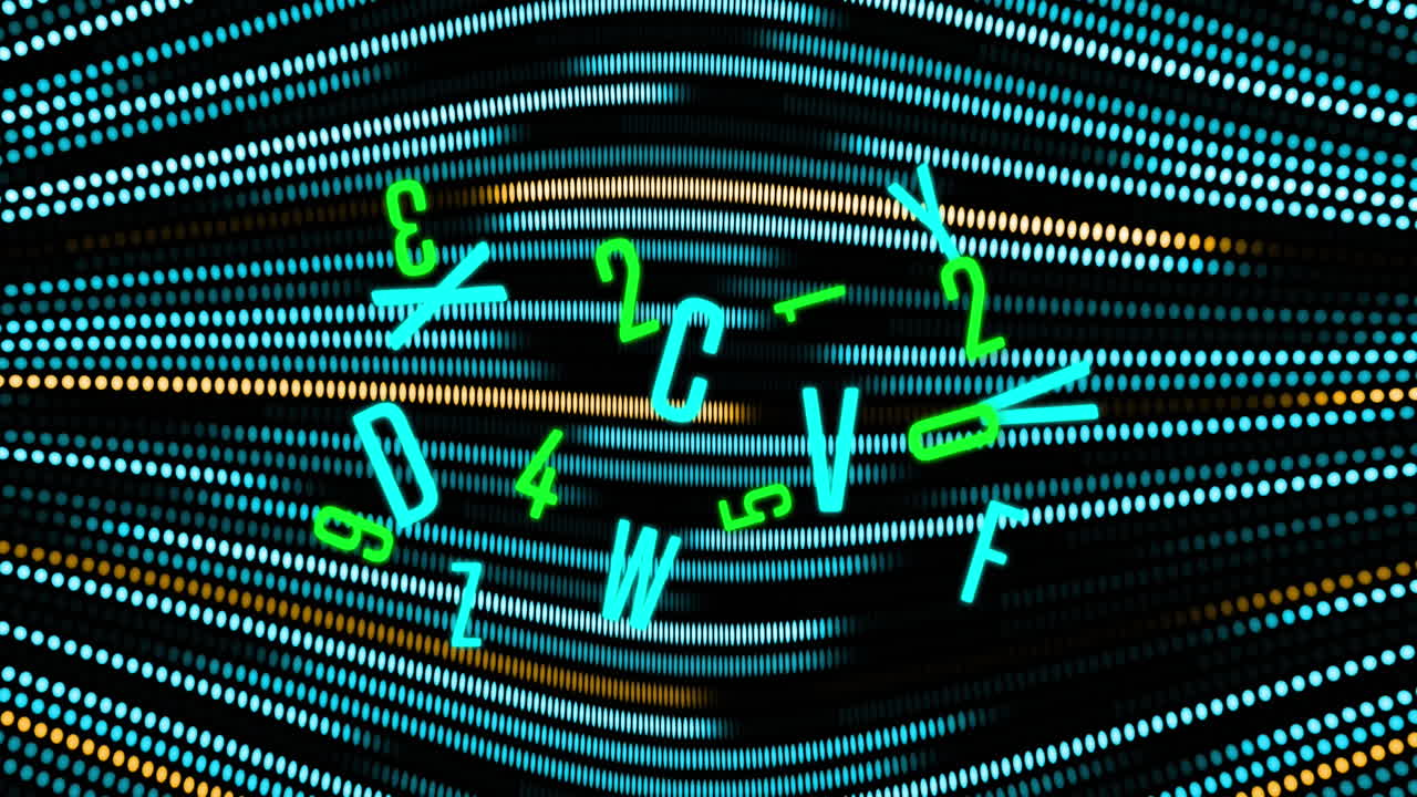 animación de letras y números sobre puntos sobre fondo negro