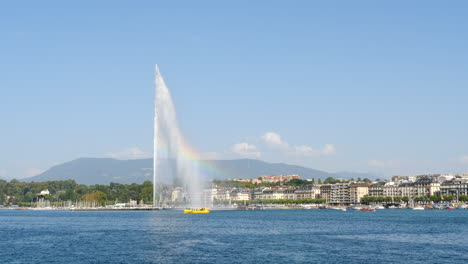 geneva jet d'eau water fountain and lac leman lake waterfront under swiss saleve mountains