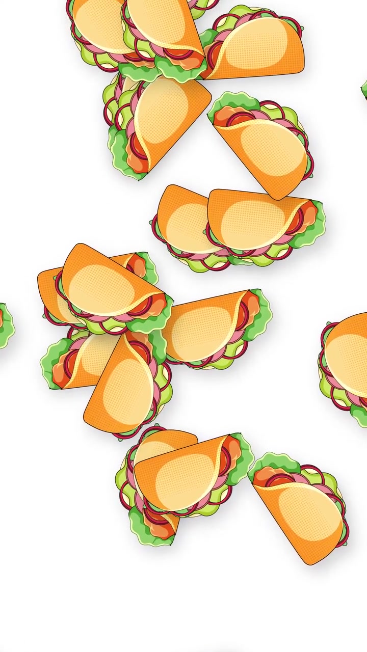 Tacos stilizzati e illustrati cadono continuamente attraverso una cornice verticale con ombre morbide e luce intensa.