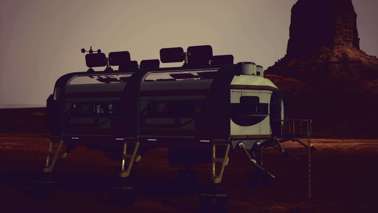 Concept of a futuristic habitat on mars in a surreal landscape near mountains