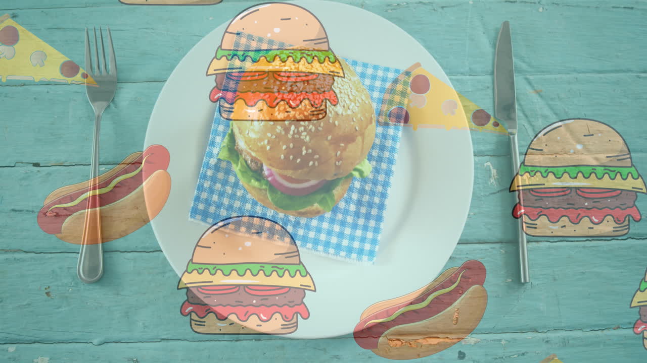animación de la ilustración con perritos calientes y hamburguesas sobre hamburguesas en el plato