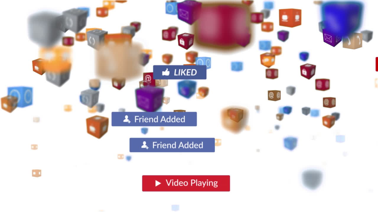 animación del texto de las redes sociales en pancartas con iconos digitales sobre fondo blanco