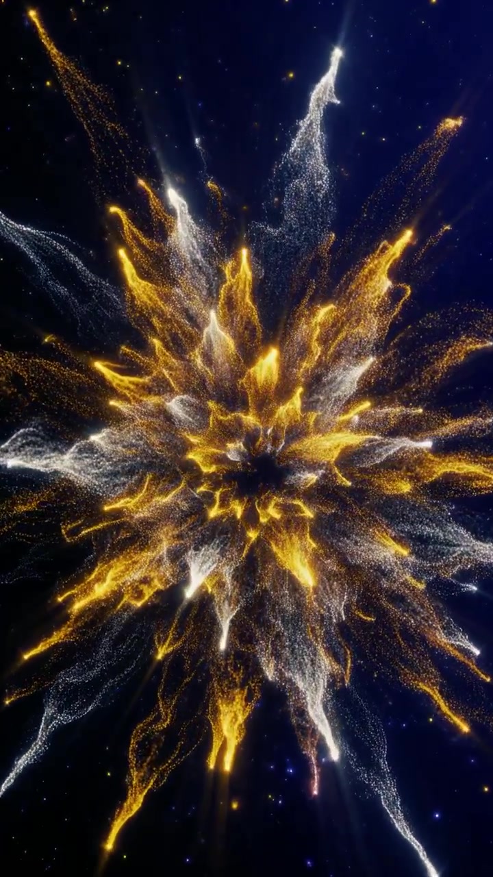 Abstract Golden and White Particle Explosion on Dark Blue Background