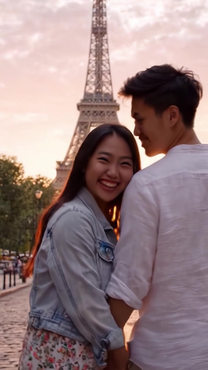 Passeggiata romantica al tramonto: Una coppia abbraccia la bellezza dell'amore e della connessione sotto il bagliore dorato della Torre Eiffel a Parigi.