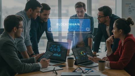a collaborative meeting on blockchain technology: team analyzing data and concepts for future innovations in a modern workspace
