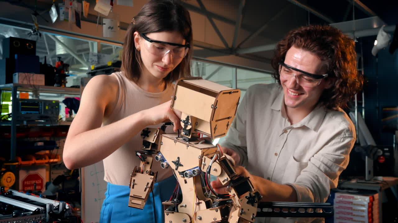 Young man and woman in protective glasses doing experiments in robotics in a laboratory. Robot on the table. Slow motion. Translation from Romanian language on red sign "keep the workplace clean"