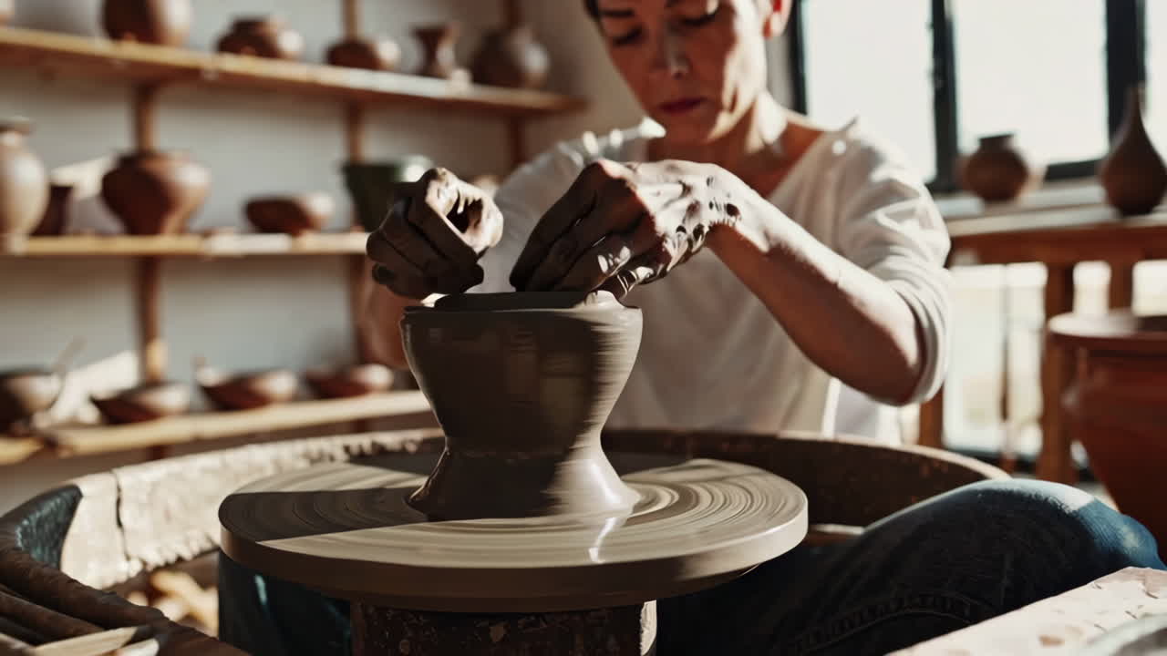 Woman Potter Working on Pottery Wheel