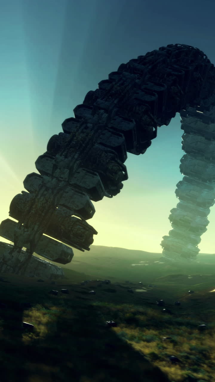 Et mystisk romskip fra en annen planet svever over et frodig landskap under en livlig himmel