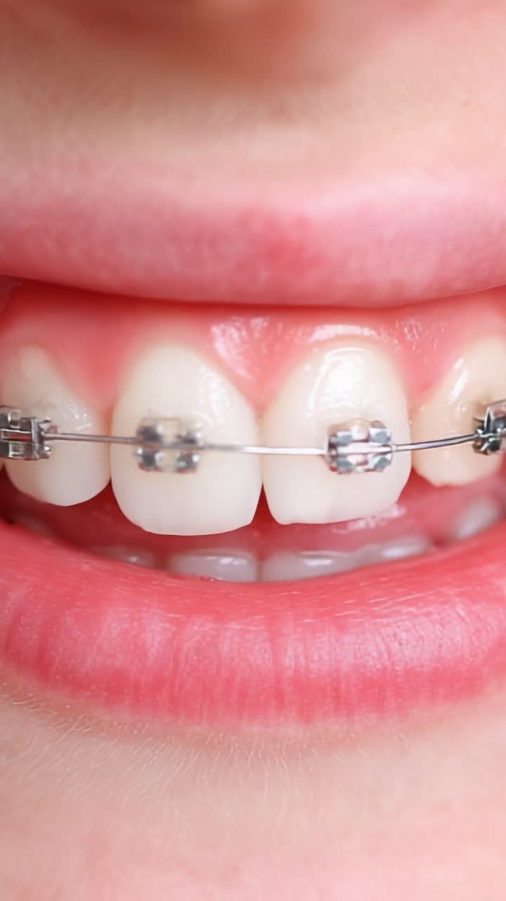 A Close-Up View of a Smiling Individual with Braces, Highlighting the Dental Alignment and the Careful Process of Achieving a Beautiful Smile