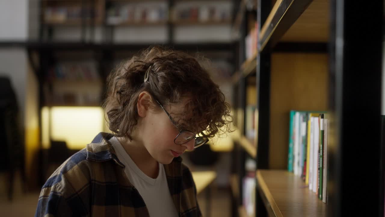 chica segura con cabello rizado que usa gafas lee un libro cerca de un estante en una biblioteca universitaria