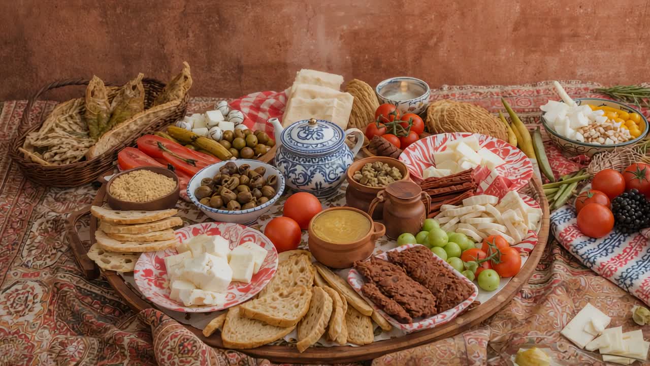 Alçak bir masanın üzerindeki yuvarlak tepsinin merkezine doğru yakınlaşan kamera, demliği vurguluyor