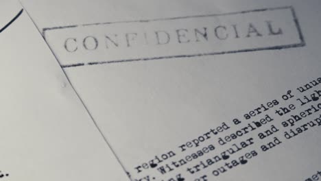 Confidential stamped UFO report files revealed in close-up Slide shot
