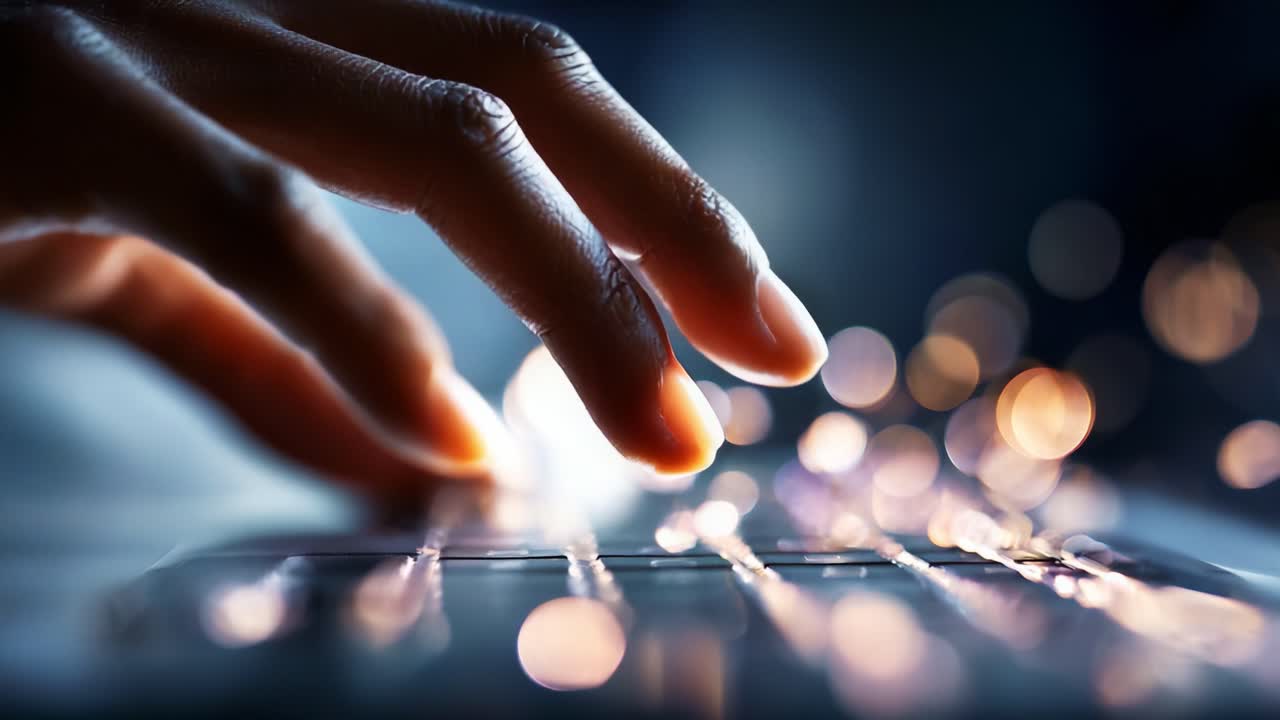 Capturing the Dance of Light: A Close-up of a Finger Typing on a Keyboard Surrounded by a Bokeh of Sparkling Lights, Evoking a Sense of Digital Magic and Creativity
