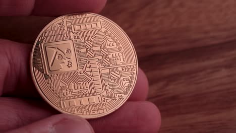 the reverse side of a warm golden bitcoin with light reflections