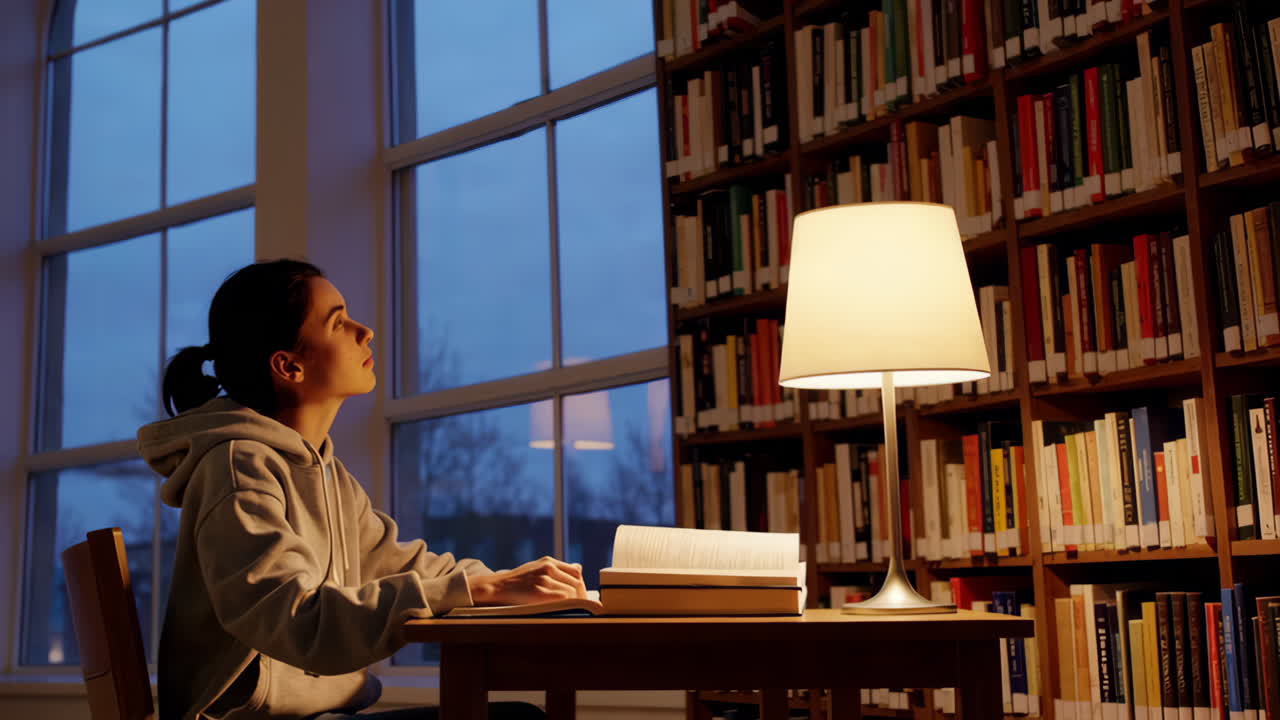 Student Reading in a Library at Night
