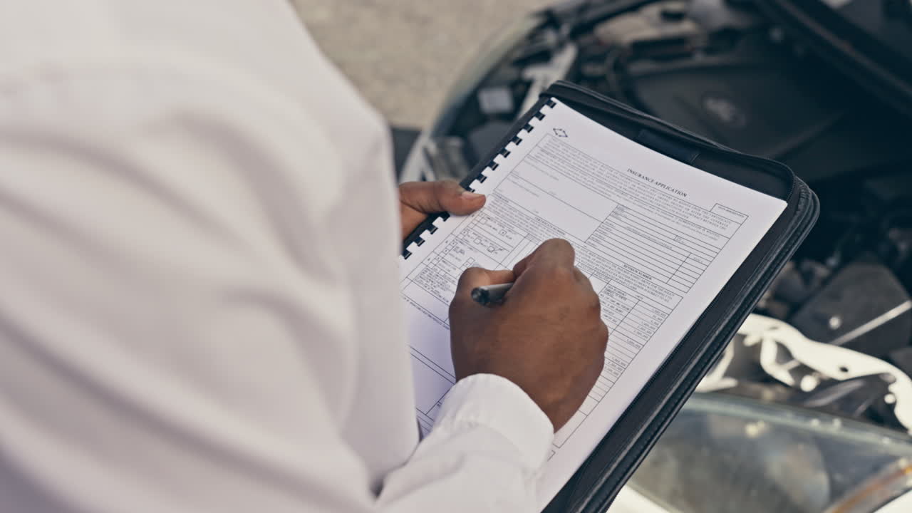 servicio de automóviles, lista de verificación y escritura de manos de hombre