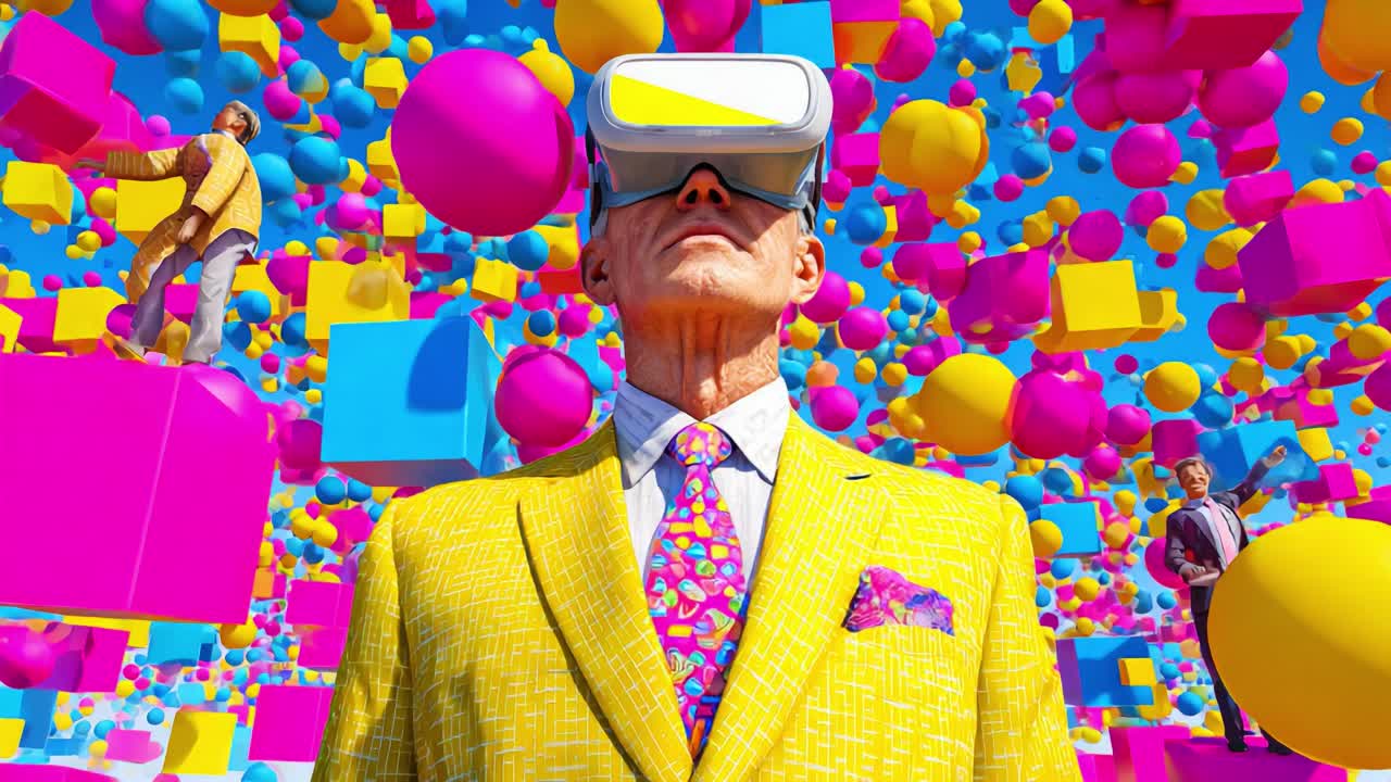 Sebuah Adegan Futuristik Menampilkan Seorang Pengusaha dengan Setelan Kuning Memakai VR Headset Dikelilingi oleh Bentuk Geometris Berwarna-warni dan Lingkungan Digital Kreatif